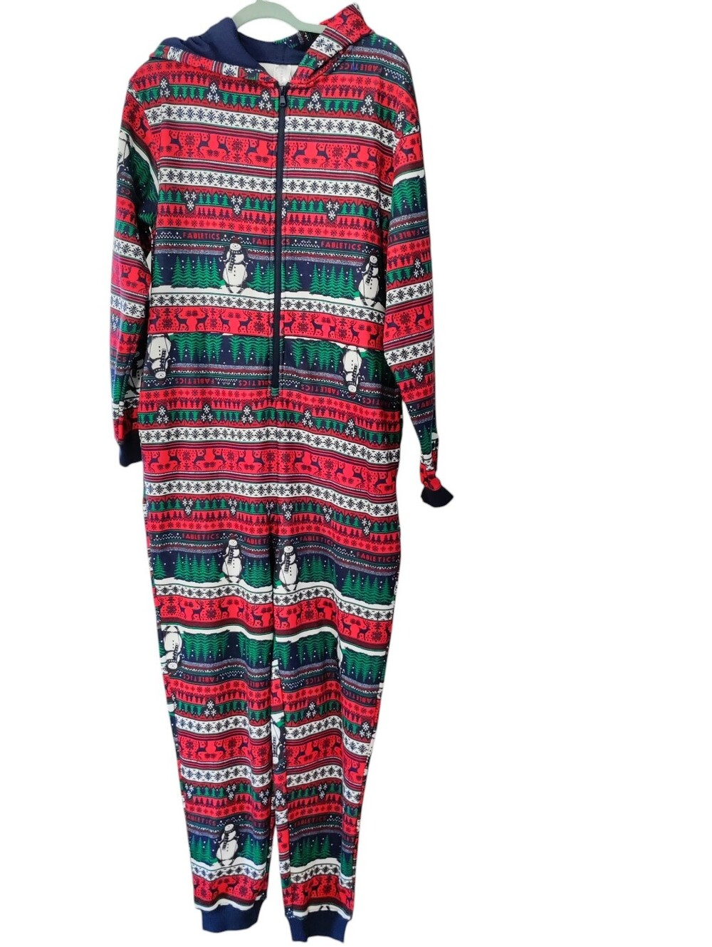 Fabletics Fleece Knit Hooded Jumpsuit Zip Fair Isle Cozy Pockets Unisex